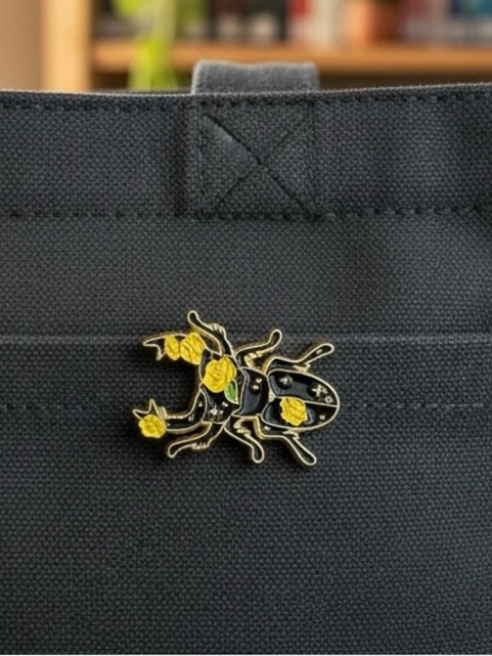 Floral Beetle Enamel Pin Black Gold Yellow Rose Insect Nature Brooch Lapel Pin